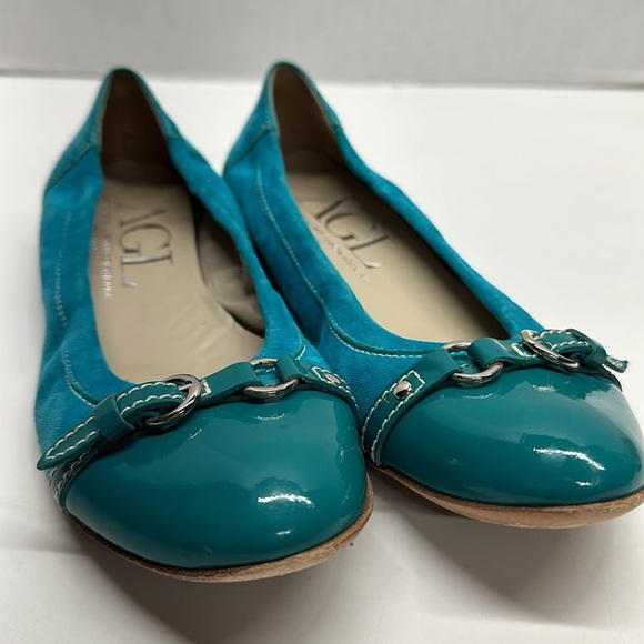 AGL Ballet Flats Shoes Cap Top Buckle Suede Leather Aqua Blue Green Size 38 US 8 - Picture 2 of 9